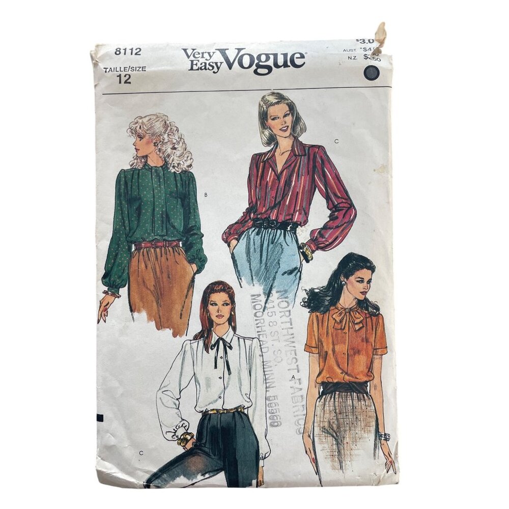 Vintage Easy Vogue 8112 Sewing Pattern Misses Blouse Size 12 Vintage 1980s CUT